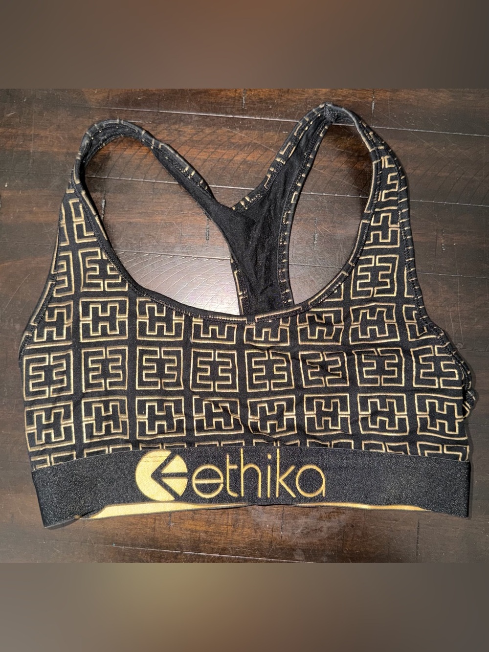 ethika Black Sports Bra with Gold Geometric Logo Print